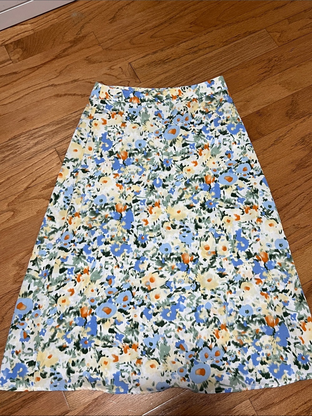 Floral A-Line Midi Skirt in Blue, Orange & Cream